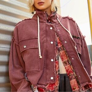 NWOT POL Burgundy Jean Denim Jacket Frayed Fringe Cropped Oversized